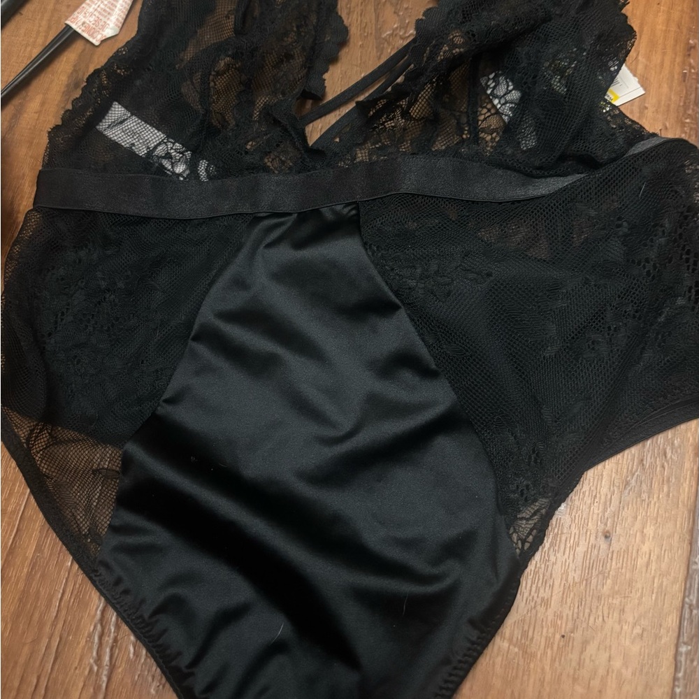 Women's Black Lace & Satin Bodysuit Chemise - Sleek Lingerie